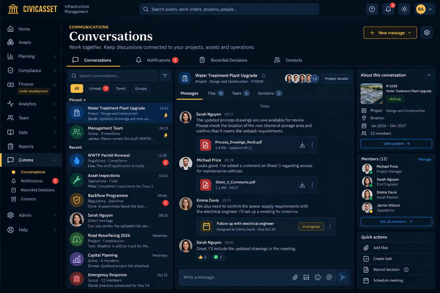 Communications UI design linking conversations to infrastructure projects